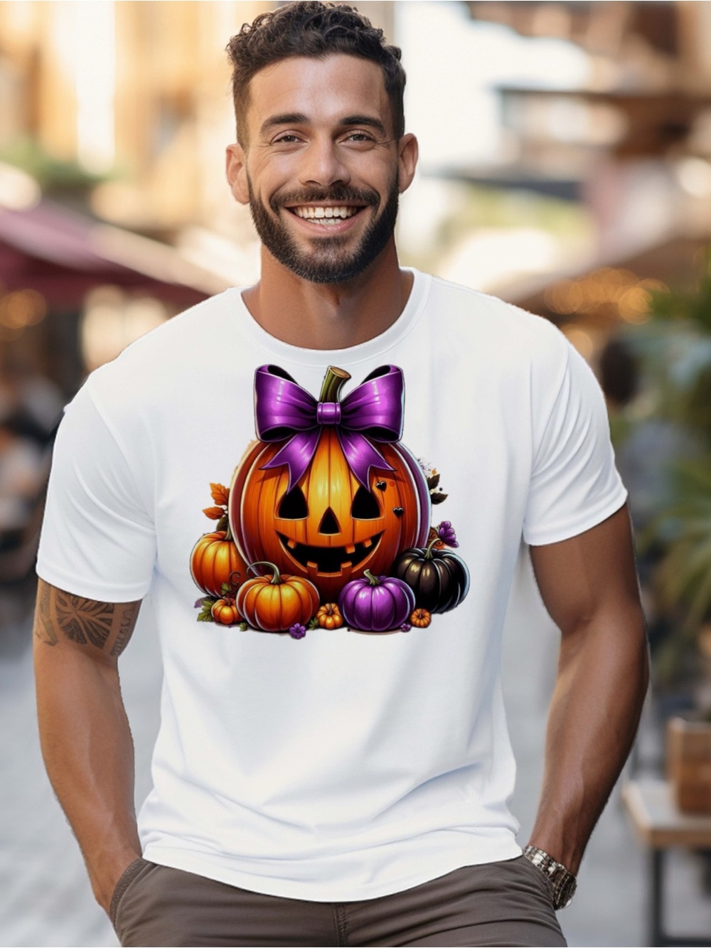 White Short-Sleeve Halloween Pumpkin Graphic Tee with Purple Bow